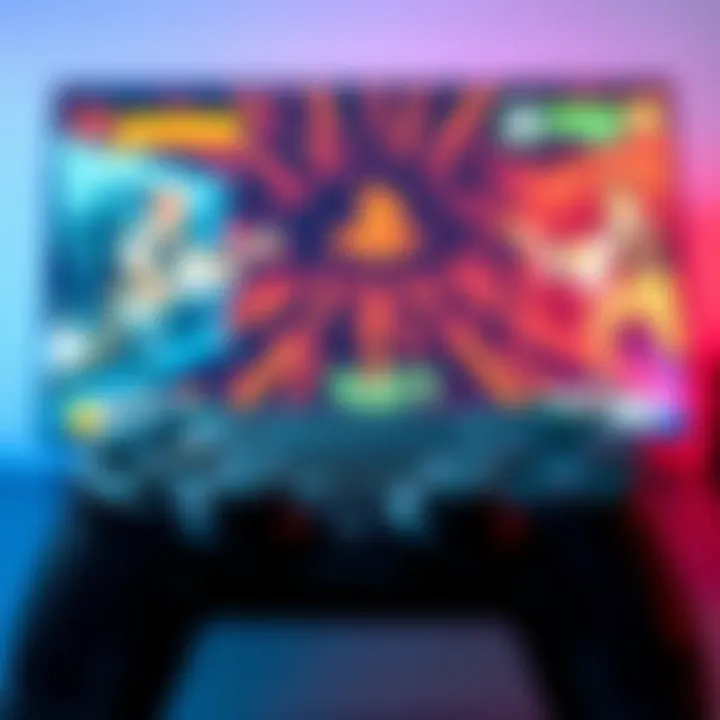 A close-up of a PS4 controller in front of a TV showing a game glitch screen