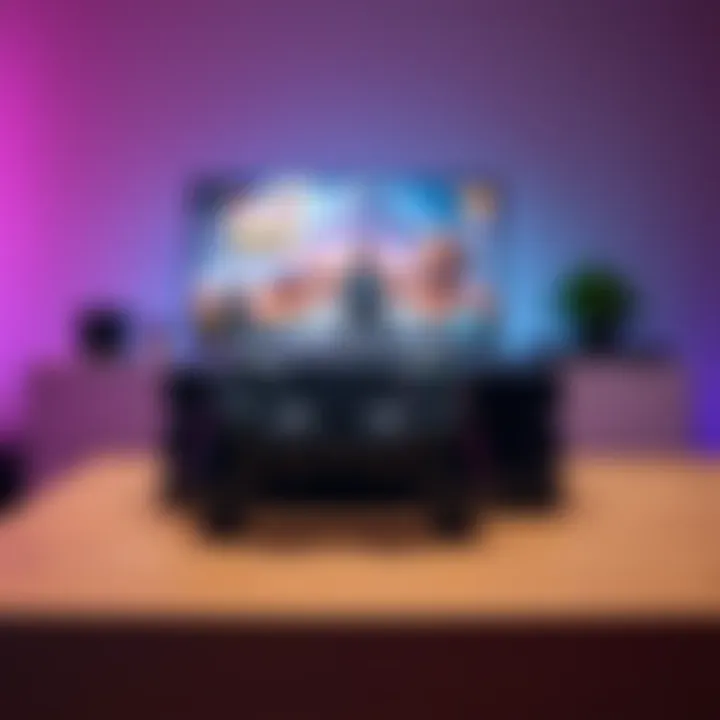 A PS4 Pro console with a matching controller on a table, showcasing the gaming setup with an animated game on the screen