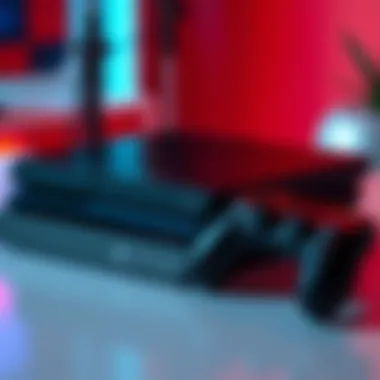 A PS4 Pro console resting on a table with a controller beside it, showing a close-up view of the device's features.