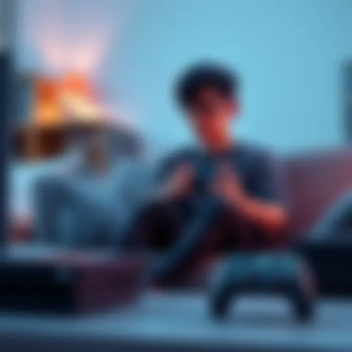 A gamer sitting on a couch playing a PS4, with an Xbox console visible nearby, showing a choice between the two systems.