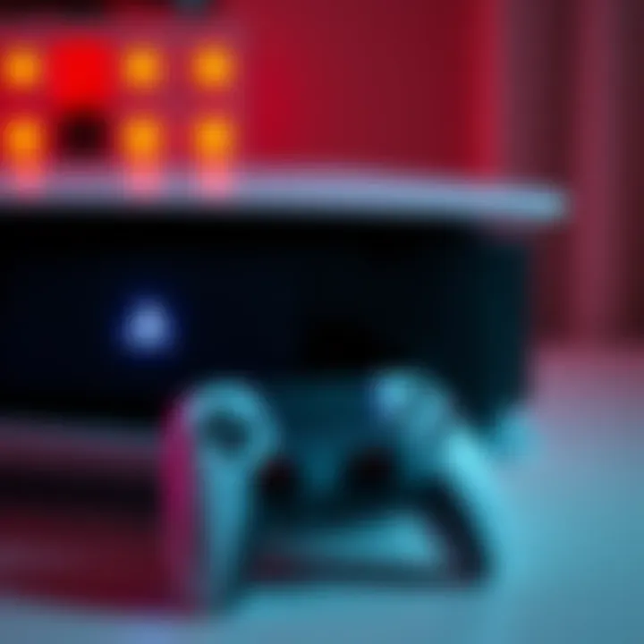 A PlayStation 5 console with a power button illuminated, indicating it is turned off. The controller is placed next to it, emphasizing the gaming setup.