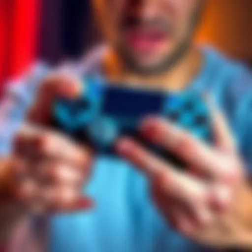 A person holding a PS5 controller with discomfort, showing a pained expression