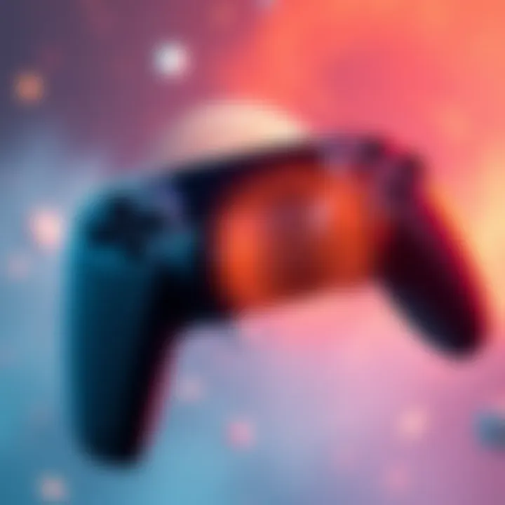 A close-up view of a PS5 controller showing signs of stick drift during gameplay of No Man's Sky, with a colorful galactic background.