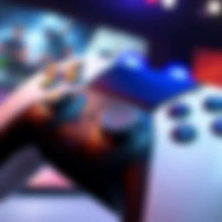 A close-up of a PS5 controller highlighting the touchpad, with a gaming scene in the background.