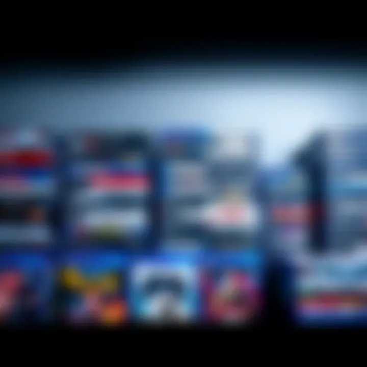 A collection of PS5 game cases arranged on a shelf, showcasing various genres and titles