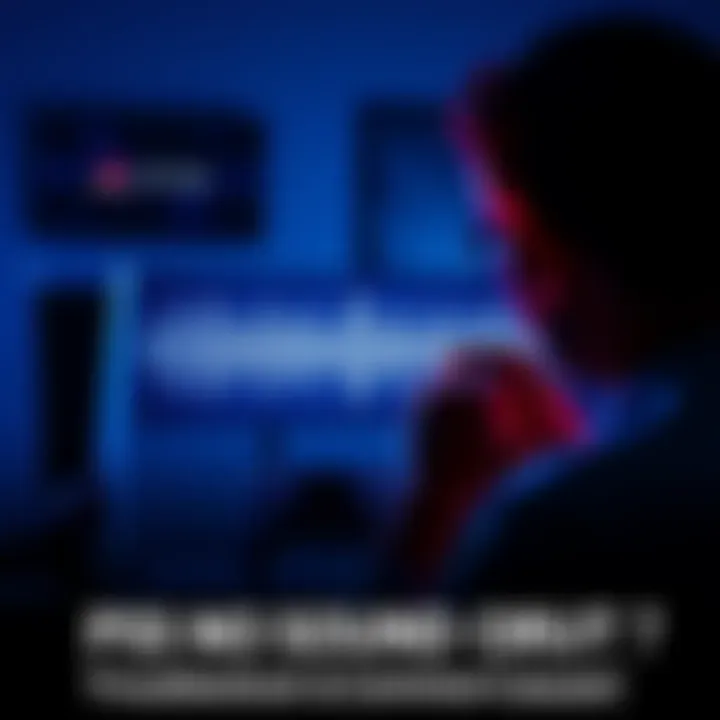 A PlayStation 5 console showing no audio output on screen, with a person checking HDMI connection