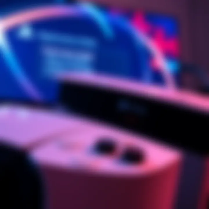 A close-up of a PlayStation 5 console with the performance mode settings screen displayed on TV