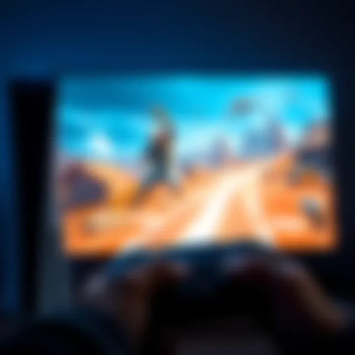 A PlayStation 5 console displaying a classic PS4 game on the screen, with game controller in hand