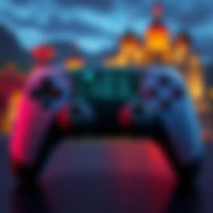 A PS5 controller displaying a glitch related to timer sound after a gaming challenge, with Lunden scenery in the background