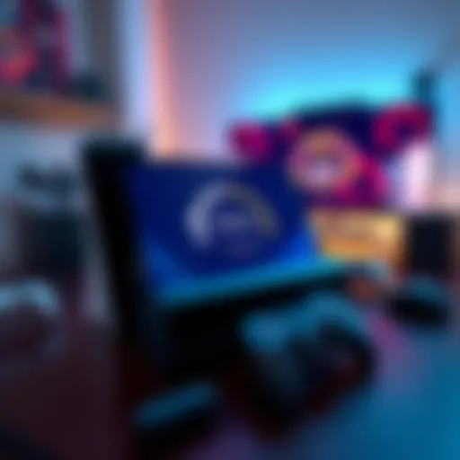 A PlayStation 5 console on a table, showing a slow upload speed indicator on a screen, with gaming accessories around it.