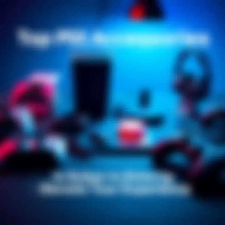 A variety of PS5 accessories including controllers, headsets, and charging stations arranged on a surface