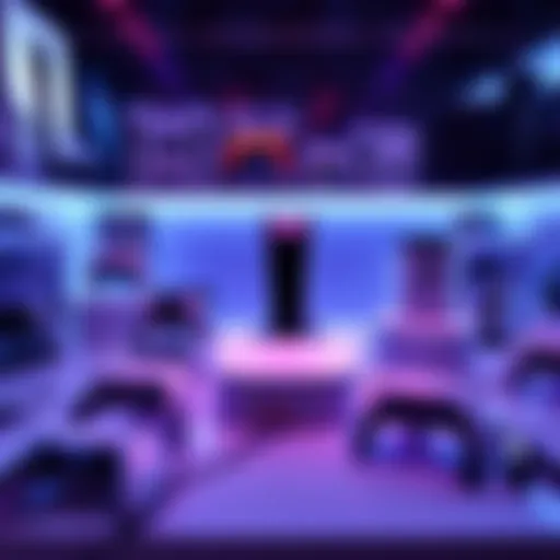 Various PlayStation 5 accessories arranged for display, including controllers, charging stations, and headset