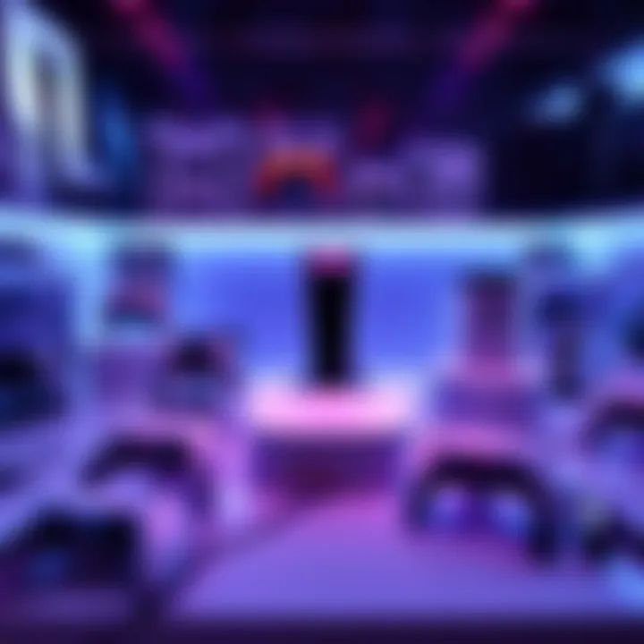 PS5 accessories displayed Various PlayStation 5 accessories arranged for display, including controllers, charging stations, and headset