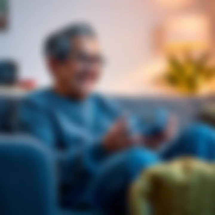 A 62-year-old person playing a PS5 game on a couch, smiling while enjoying a family-friendly game