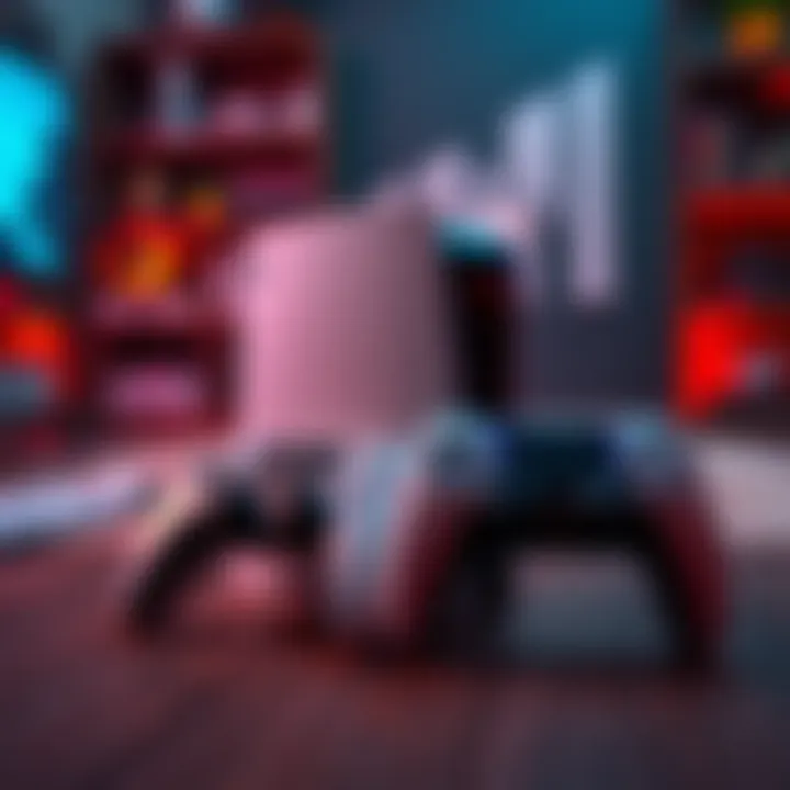 PS5 Console and Controllers A PlayStation 5 console with a pair of controllers beside it, showcasing gaming accessories in a home setup.