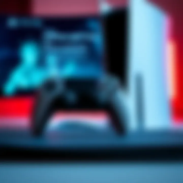 A PlayStation 5 console with a game controller displayed alongside a download screen for the Phantom Liberty DLC.