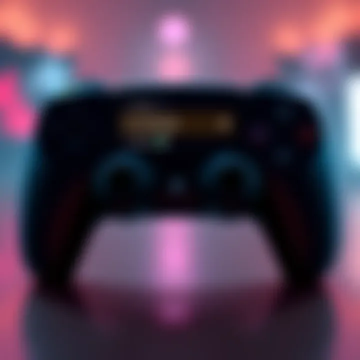 A close-up of a PS5 controller with settings displayed on a screen, illustrating aim assist adjustments
