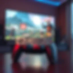 A PS5 controller resting on a table with the game 'Ghost of Yotei' displayed on a TV screen in the background