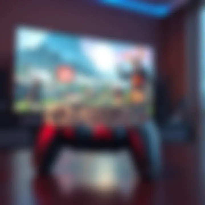 A PS5 controller resting on a table with the game 'Ghost of Yotei' displayed on a TV screen in the background