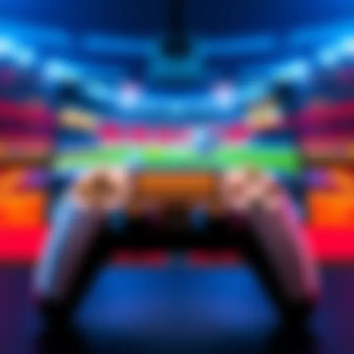A PS5 controller displayed with the Rocket League game on a monitor, showcasing gameplay settings