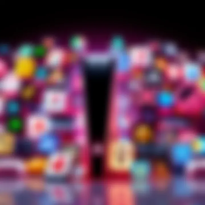 A PlayStation 5 console surrounded by various downloadable content icons