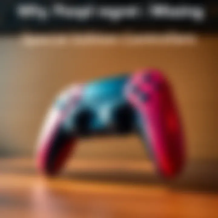 30th Anniversary PS5 Dualsense Controller A close-up of the 30th Anniversary PS5 Dualsense controller, showcasing its unique design and colors, on a wooden surface