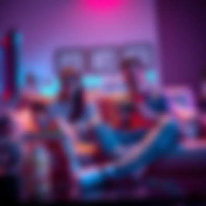 Two friends sitting on a couch, playing PS5 and discussing trophy suggestions while enjoying snacks.