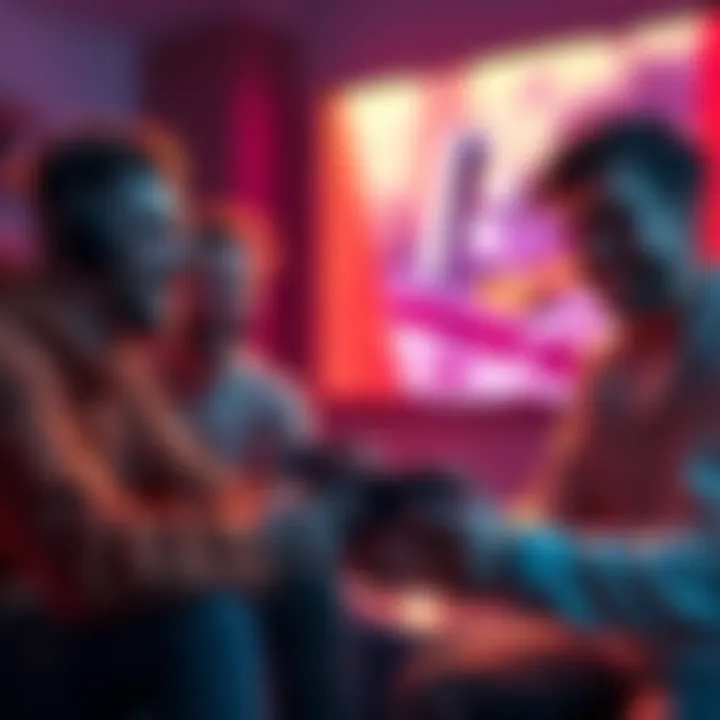 A group of friends using a PS5 console, engaged in GTA online heists, laughing and enjoying voice chat together.