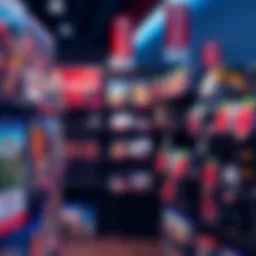 A display of discounted PS5 games on store shelves with price tags showing sales, surrounded by gaming accessories.