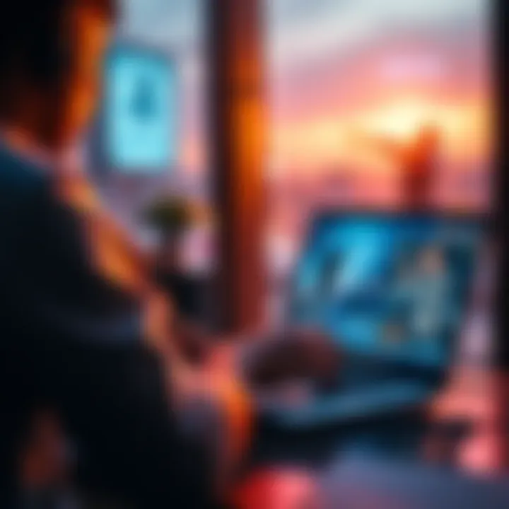 A person using a laptop with a PS5 game on the screen, connected to a remote console while traveling abroad