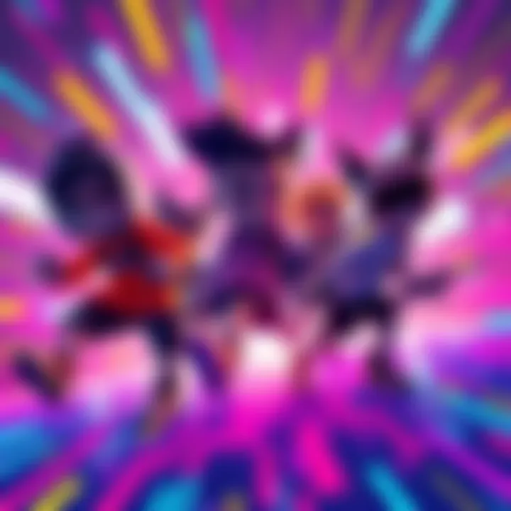 Four characters, or 'Chooms,' exploring a glitchy digital world in a vibrant scene with humor and creativity.