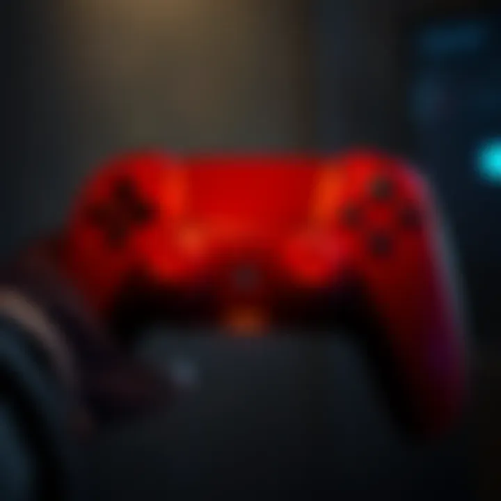 PS5 Controller with Haptic Feedback A close-up of a PS5 controller displaying intense haptic feedback during a survival horror game, with an atmospheric dark backdrop.