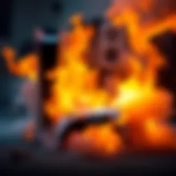 A PlayStation 5 console is engulfed in flames, with smoke billowing around it, highlighting the fire hazard.