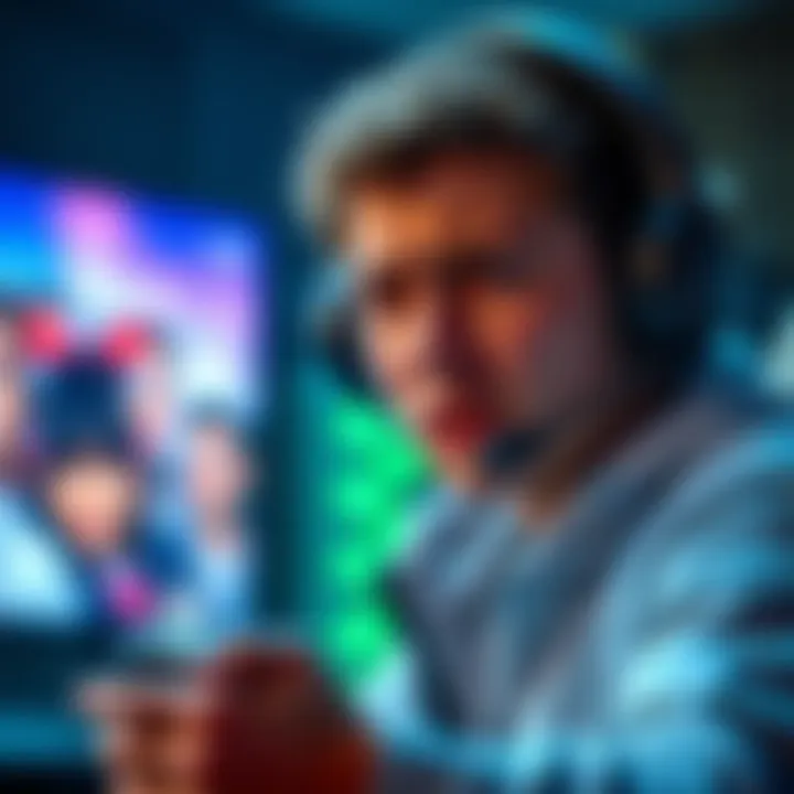 A frustrated gamer using a PS5 headset, showing a delay in party chat communication with friends online.