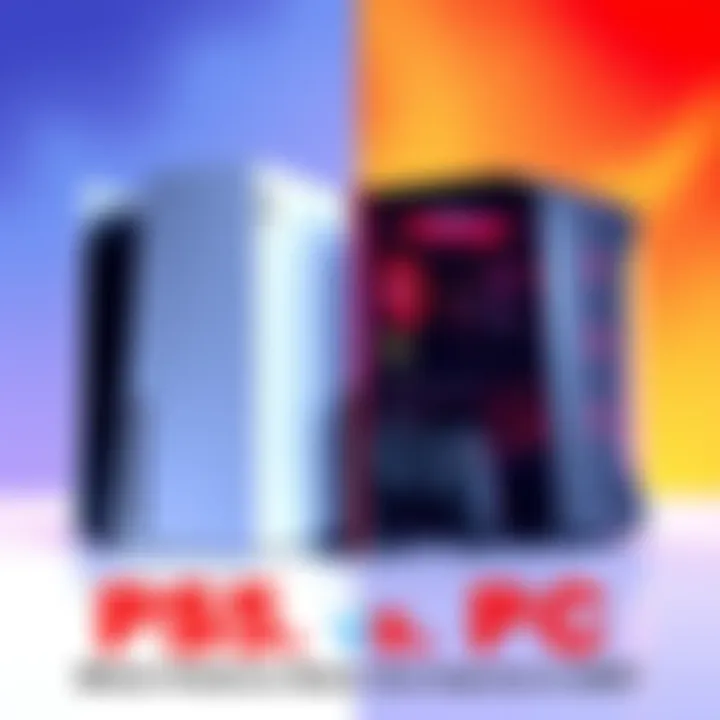 A side-by-side illustration of a PS5 console and a PC setup with a 3060ti GPU and Ryzen 5600x CPU, showcasing their gaming capabilities.