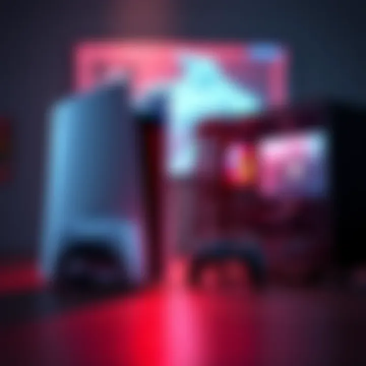 A side-by-side comparison of a PS5 console and a gaming PC setup, showcasing both platforms for gaming.