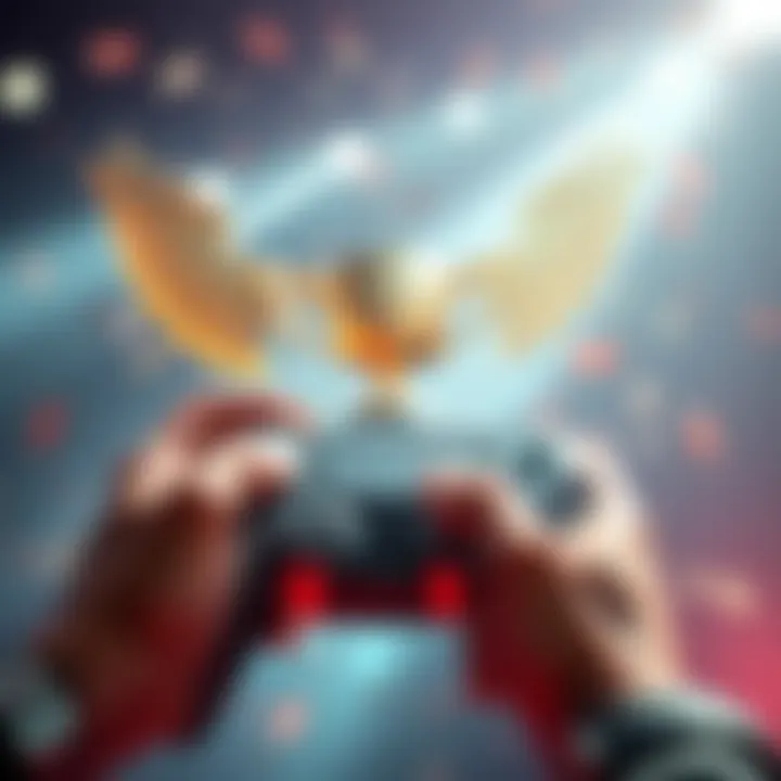 A player celebrating with a PS5 controller and platinum trophy for Final Fantasy XVI