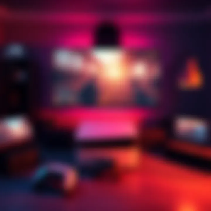 A modern gaming setup showcasing a PS5 Pro console with a large screen displaying gameplay and gaming accessories around it.