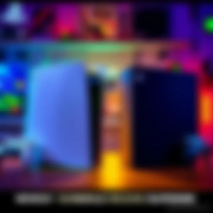 A side-by-side view of the PS5 Pro and Xbox Series X consoles, showcasing their distinct designs and features, with gaming accessories and controllers in the background.