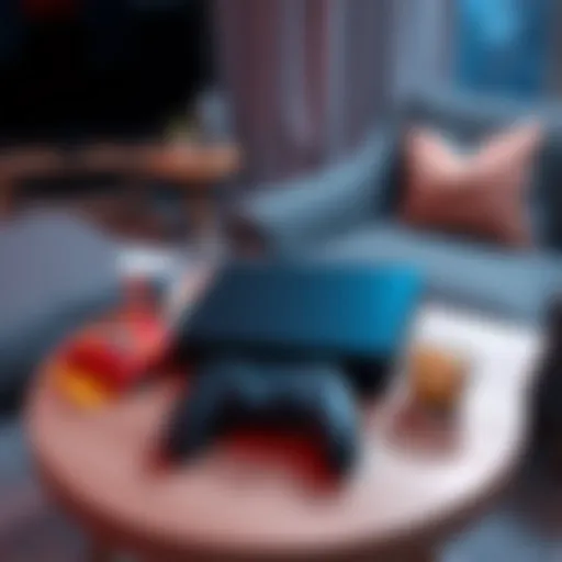 A PS5 Slim Disc console with controller on a simple table surrounded by snacks and a comfy chair, representing a casual gaming environment
