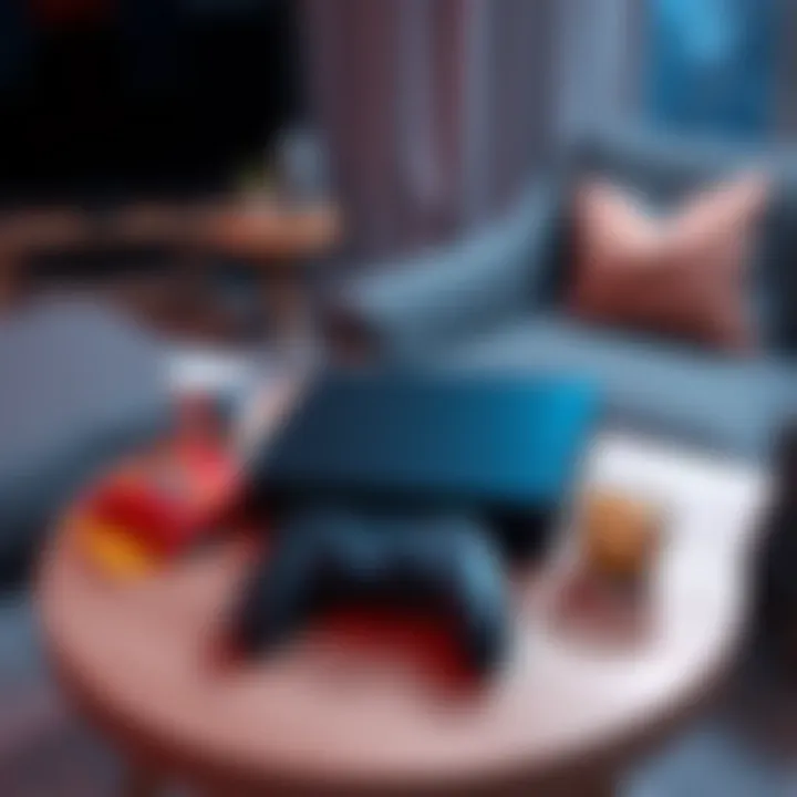 A PS5 Slim Disc console with controller on a simple table surrounded by snacks and a comfy chair, representing a casual gaming environment