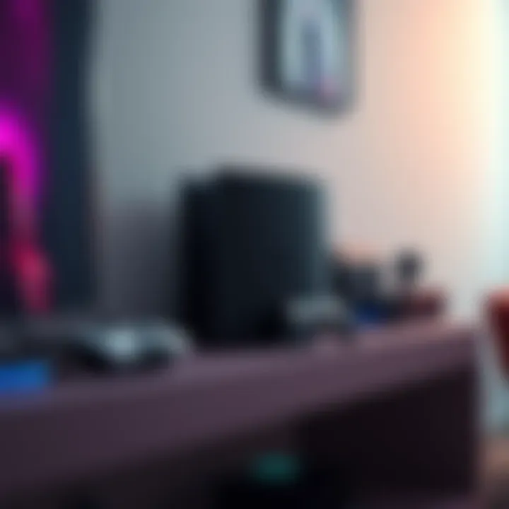 A PS5 Slim console positioned neatly on a shelf with gaming accessories nearby