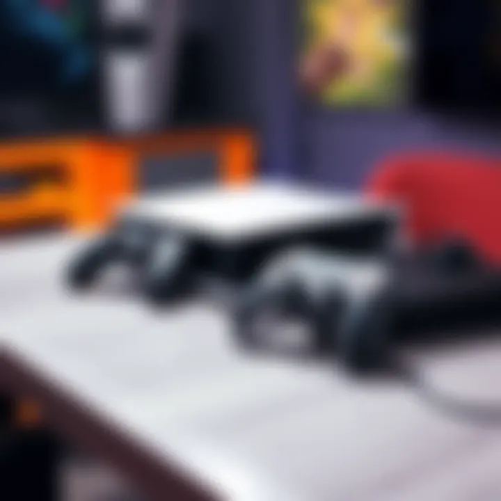 A new PS5 Slim next to a used gaming console and a new controller on a table