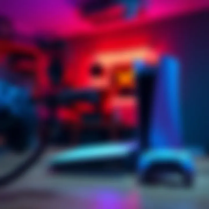 A gaming setup featuring a PS5 console, microphone, and camera for streaming.