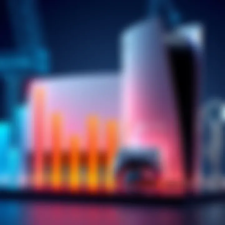 The PlayStation 5 console with a graph showing increased profits over previous models.