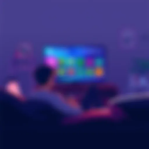 A gamer sitting on a couch, looking at a TV screen showing a PS5 game with trophy icons displayed, highlighting user-created trophy strategies.