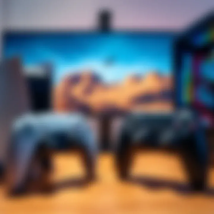 A side-by-side view of a PS5 and a gaming PC setup, showcasing gaming controllers and a monitor with high-quality graphics.