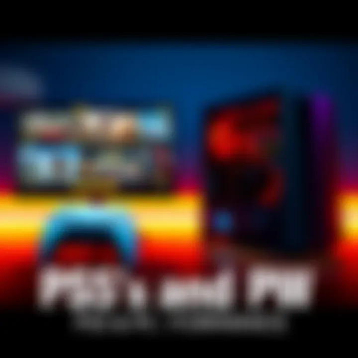 A side-by-side view of a PS5 and a gaming PC showcasing popular multiplayer games with performance stats on screen.