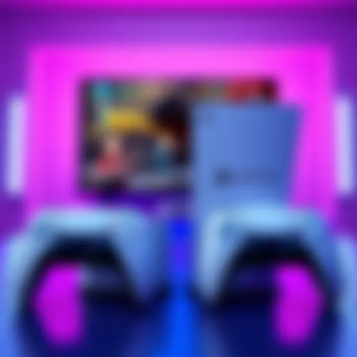 PS5 and PS5 Pro comparison A side-by-side view of the PS5 and PS5 Pro consoles, showcasing their sleek designs and controllers, with a JRPG game displayed on a TV in the background.