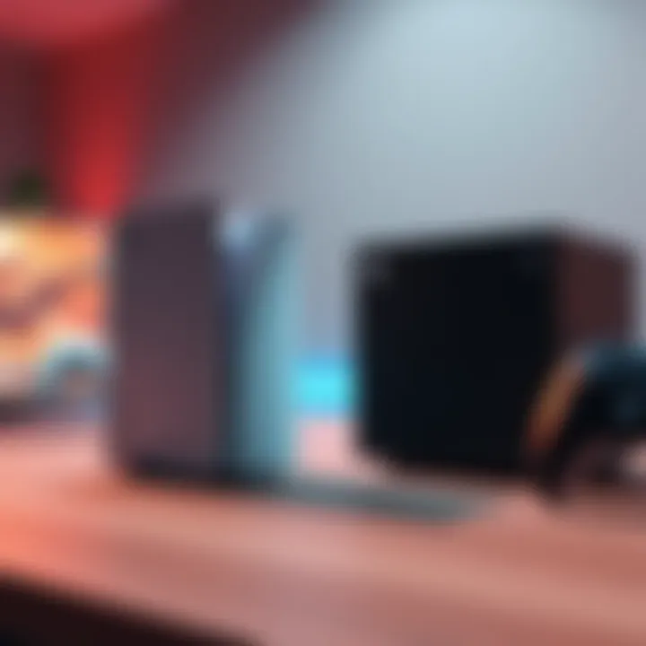 A comparison of PlayStation 5 and Xbox Series X gaming consoles side by side on a table, highlighting their design and features.